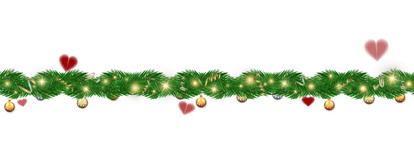 Garland of spruce branches. Christmas holiday decorations, realistic live fir tree effect with decorations for poster banners, png vector.Adobe Illustrator Artwork