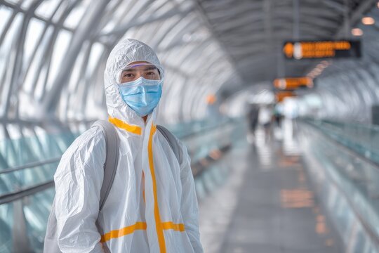 An Asian man in protective gear at an airport emphasizes safe travel and social distancing during COVID 19