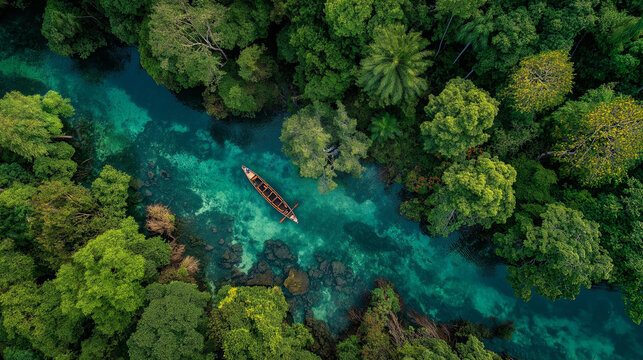 Aerial View of Kayak Floating on Crystal-Clear Waterway Surrounded by Verdant Greenery