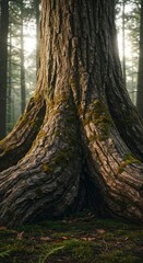 Fototapeta premium Textured Tree Trunk and Roots in Forest with Sunlight