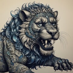 Detailed lion portrait, ornate mane, fierce gaze