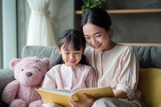 A mother and daughter are reading in the living room An Asian family is enjoying a learning program
