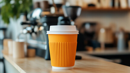 Reusable coffee cup placed on cafe counter, avoiding singleuse waste