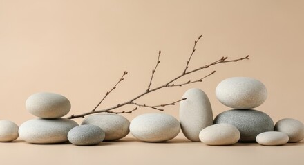 Serene Harmony Stacked Stones and Delicate Branch on a Light Beige Background