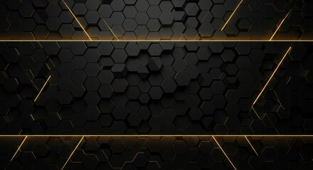 Abstract Dark Hexagonal Pattern Background with Golden Geometric Lines and Light Specks