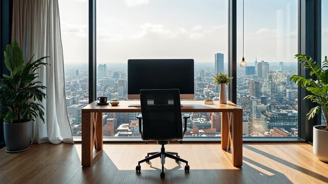 Large window office with a desk and chair. The desk has a computer monitor and a keyboard. A potted plant sits on the desk. The room is bright and spacious, with a view of the city