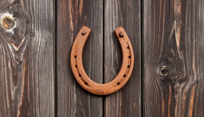 Rustic iron horseshoe hanging on wooden wall with dark grains for vintage charm and equestrian decor