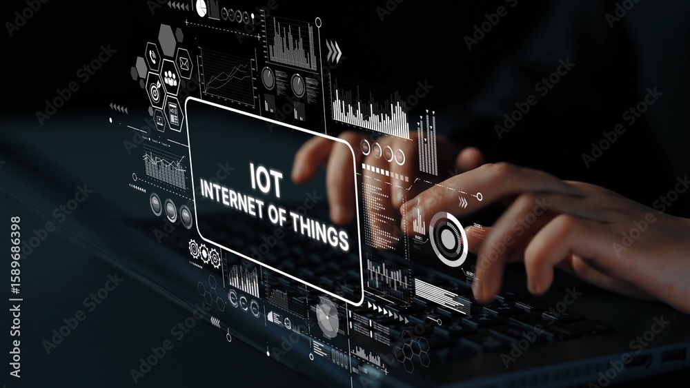 Poster hands typing on laptop with iot internet of things interface and data visualization in dark environm