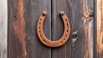 Rustic Iron Horseshoe on Weathered Wooden Plank Background for Good Luck and Farmhouse Decor