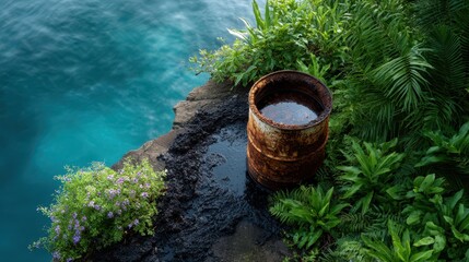 Naklejka premium Abandoned rusty barrel leaking black oil waste near tropical ocean edge, causing visible contamination and posing serious ecological threat.