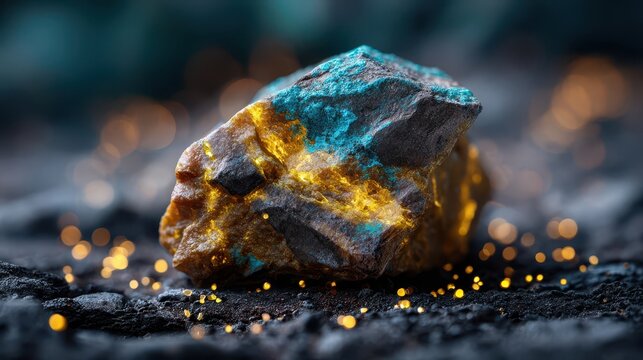 High-detail macro shot of uranium ore featuring vivid yellow and blue mineral textures, glowing on dark rocky ground.