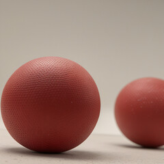 minimalist still life with two red rubber balls on pale surface