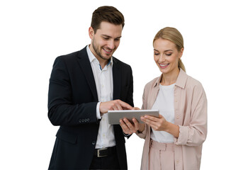 Busy Smiling Middle-Aged Business Man and Woman – Professional Corporate Executives in Suits Discussing Digital Strategy with Tablet, Standing and Collaborating in a Modern Office Setting, isolated on