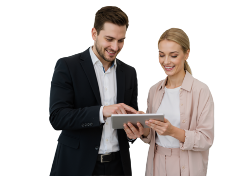 Busy Smiling Middle-Aged Business Man and Woman – Professional Corporate Executives in Suits Discussing Digital Strategy with Tablet, Standing and Collaborating in a Modern Office Setting, isolated on - Powered by Adobe