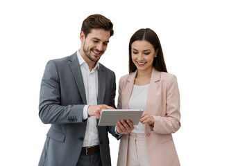 Busy Smiling Middle-Aged Business Man and Woman – Professional Corporate Executives in Suits Discussing Digital Strategy with Tablet, Standing and Collaborating in a Modern Office Setting, isolated on