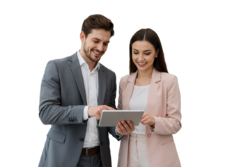 Busy Smiling Middle-Aged Business Man and Woman – Professional Corporate Executives in Suits Discussing Digital Strategy with Tablet, Standing and Collaborating in a Modern Office Setting, isolated on