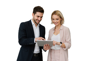 Busy Smiling Middle-Aged Business Man and Woman – Professional Corporate Executives in Suits Discussing Digital Strategy with Tablet, Standing and Collaborating in a Modern Office Setting, isolated on