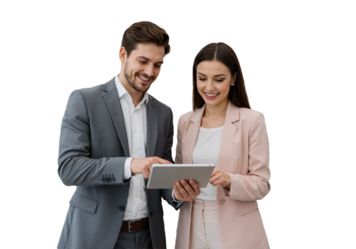 Busy Smiling Middle-Aged Business Man and Woman – Professional Corporate Executives in Suits Discussing Digital Strategy with Tablet, Standing and Collaborating in a Modern Office Setting, isolated on