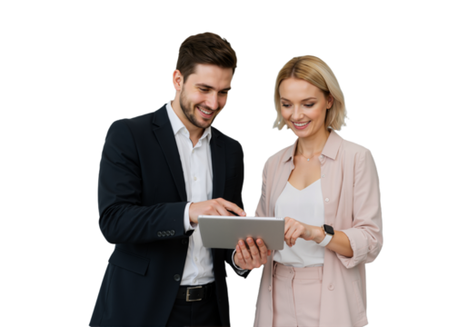Busy Smiling Middle-Aged Business Man and Woman – Professional Corporate Executives in Suits Discussing Digital Strategy with Tablet, Standing and Collaborating in a Modern Office Setting, isolated on