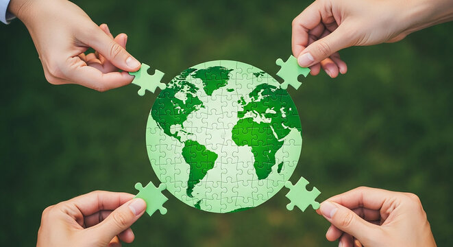 Hands connect green earth puzzle, global unity concept