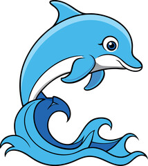 Naklejka premium Playful Blue Dolphin Leaping Through Blue Ocean Waves Enjoying Summer Fun