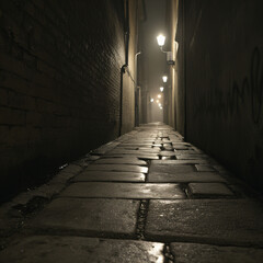 moody dark alleyway at night with warm streetlights and mist