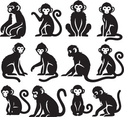 Black and White Monkey Silhouette Vector Set – Sitting, Walking, and Playing Poses