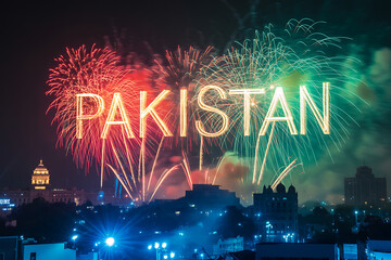 Gleaming fireworks illuminate Pakistan, a vibrant display of national pride above buildings at night.