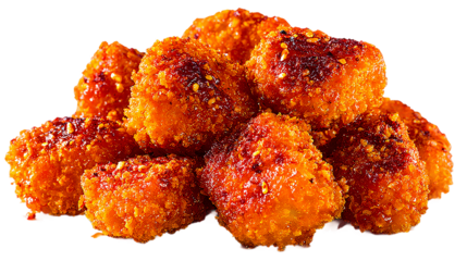 Crispy fried tofu cubes coated in a spicy sauce, stacked high isolated on transparent background
