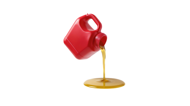 Red oil container pouring yellow fluid on transparent background png