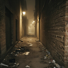 moody dark alleyway at night with warm streetlights and mist