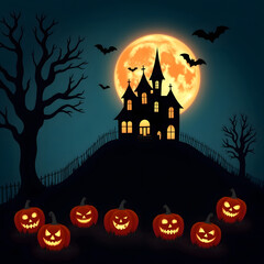 Spooky halloween night scene with jack o lanterns and haunted house