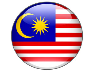 Circular Malaysia Flag Button with Reflective Glass Texture, isolated on transparent background