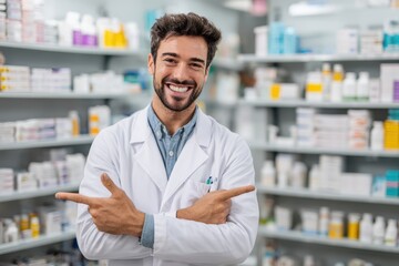 Attractive male pharmacist smiles and gestures towards a medicine shelf