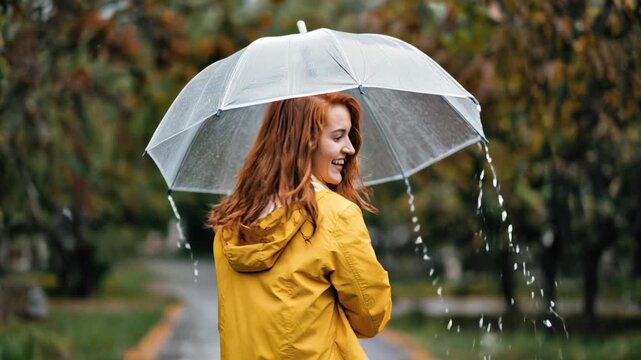 Happy red-haired woman in yellow raincoat smiling under clear umbrella during heavy rain outdoors.