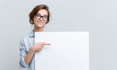 Naklejka premium Attractive woman indicating empty advertisement space business idea