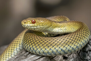 Fototapeta premium A snake is curled up on a log
