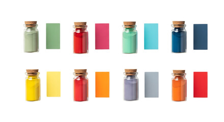 Collection of small glass bottles filled with pigments and color swatches isolated on transparent background