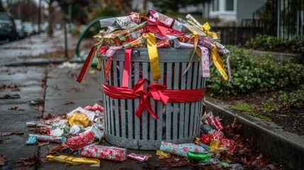 Overflowing trash can, overflowing with discarded Christmas wrapping paper and gifts