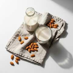 Minimalist top-down shot of a bottle and glass of almond milk, scattered almonds on linen cloth. Soft natural side light copy