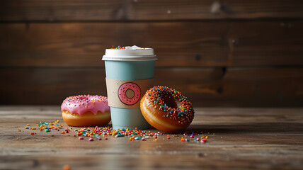 Colorful Donuts and Coffee to Go on Rustic Wooden Table