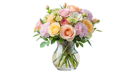 Obraz premium Pastel flower bouquet in white glass vase isolated on blue and transparent background