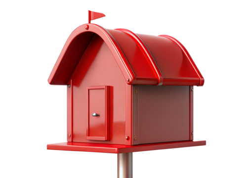 Red house shaped mailbox isolated on blue and transparent background