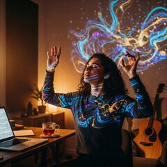A woman creating music with a digital audio interface and colourful sound waves at home
