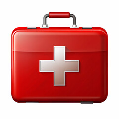 Red metal first aid kit box isolated on blue and transparent background