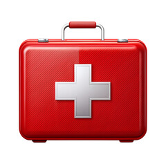 Red metal first aid kit box isolated on blue and transparent background