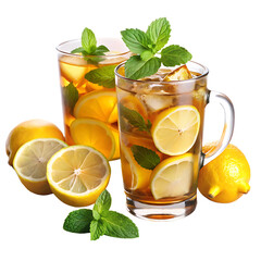 Refreshing iced tea with lemon and mint isolated on blue and transparent background