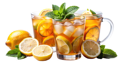 Refreshing iced tea with lemon and mint isolated on blue and transparent background