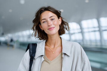 Young freelancer woman smiling in modern airport terminal