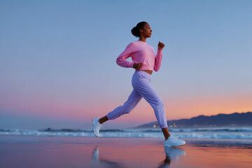 Fototapeta premium Young woman running on the beach at sunset